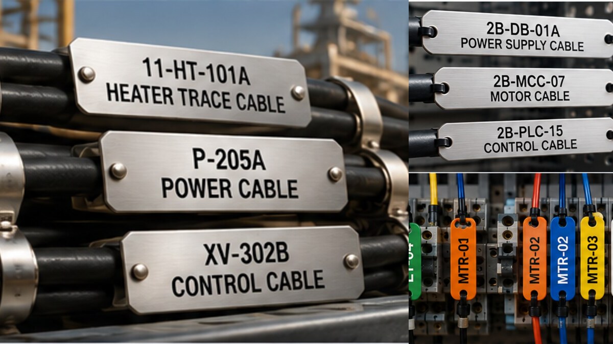 SS316, aluminium and PVC cable identification tags installed on industrial cables