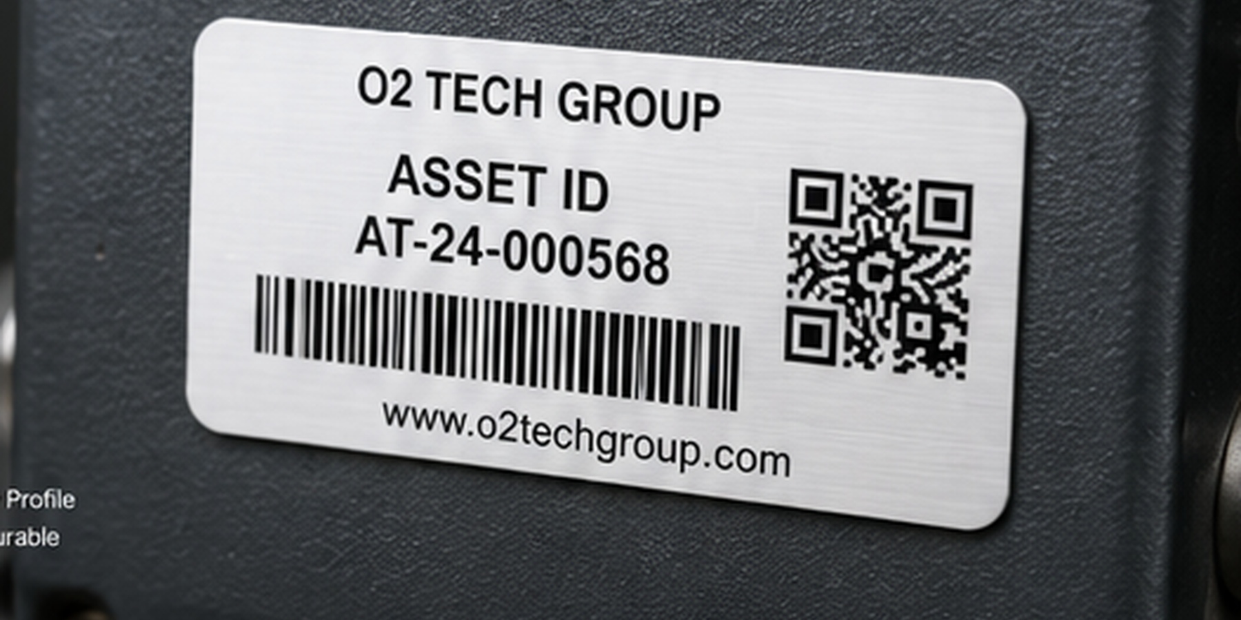 Flat adhesive-backed Metalphoto asset label with no rivet holes
