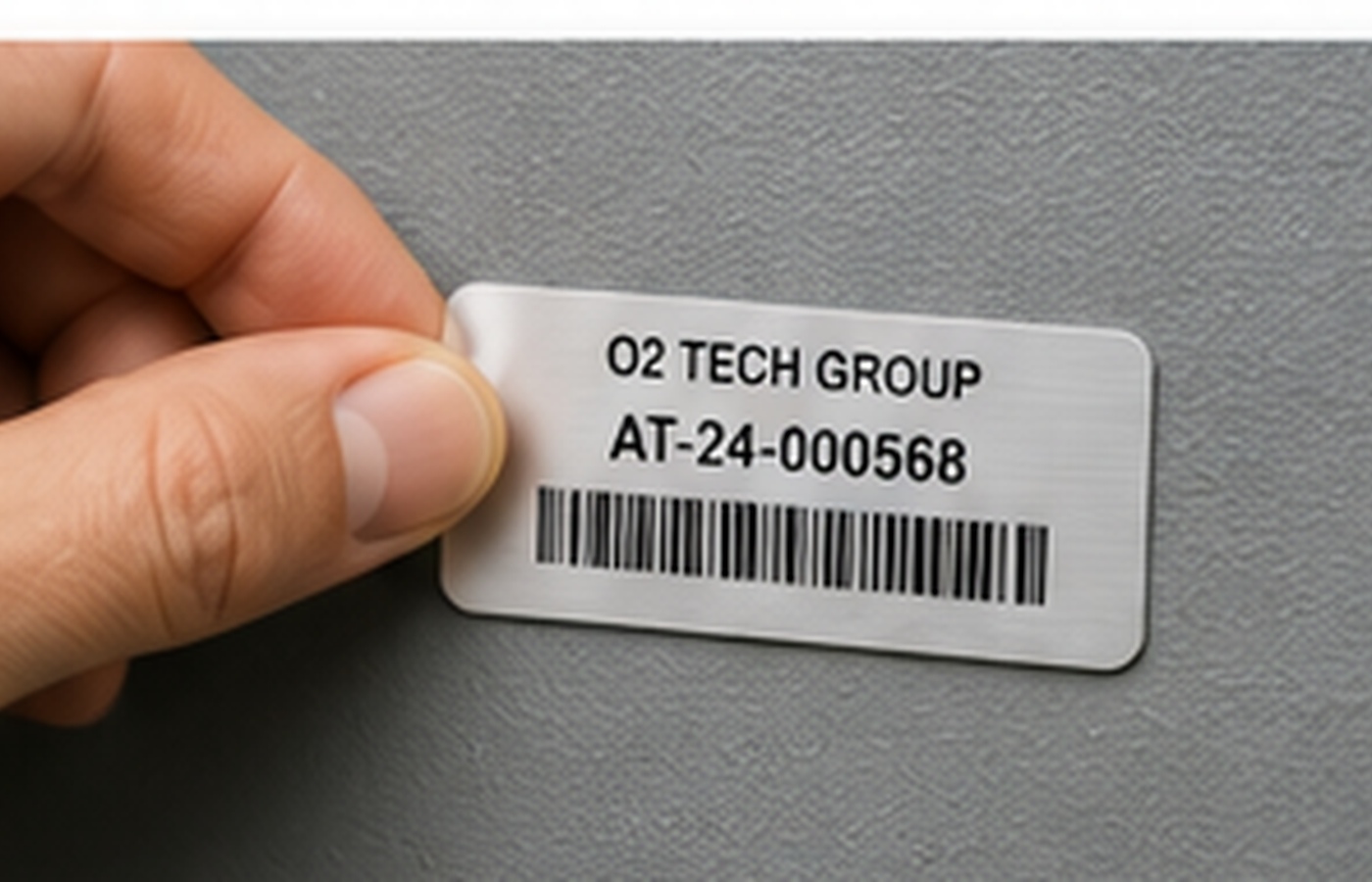 Hand applying an adhesive-backed Metalphoto asset label to a flat surface