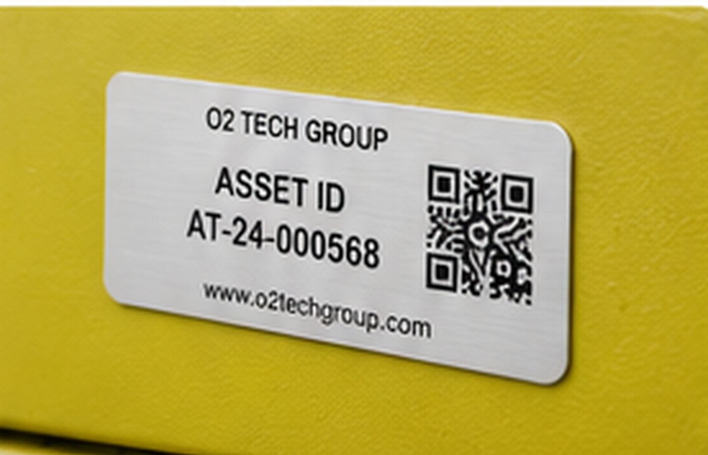 Adhesive Metalphoto asset label bonded to painted equipment