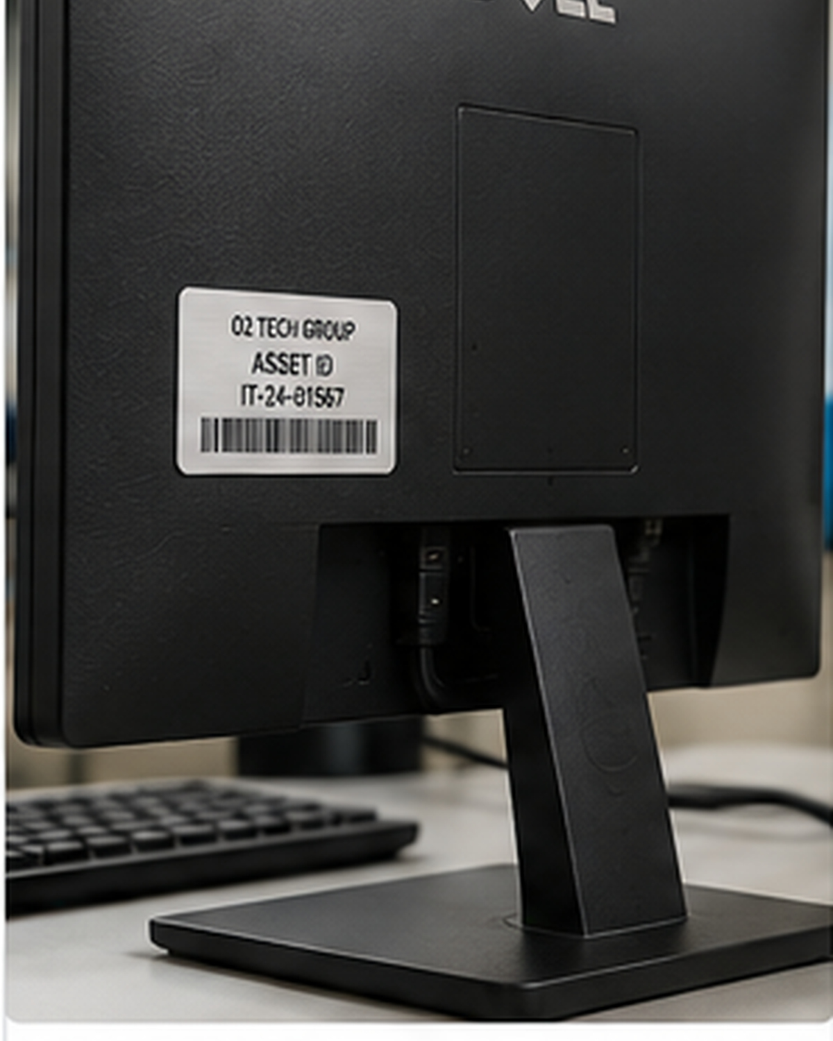 Adhesive asset label on IT equipment