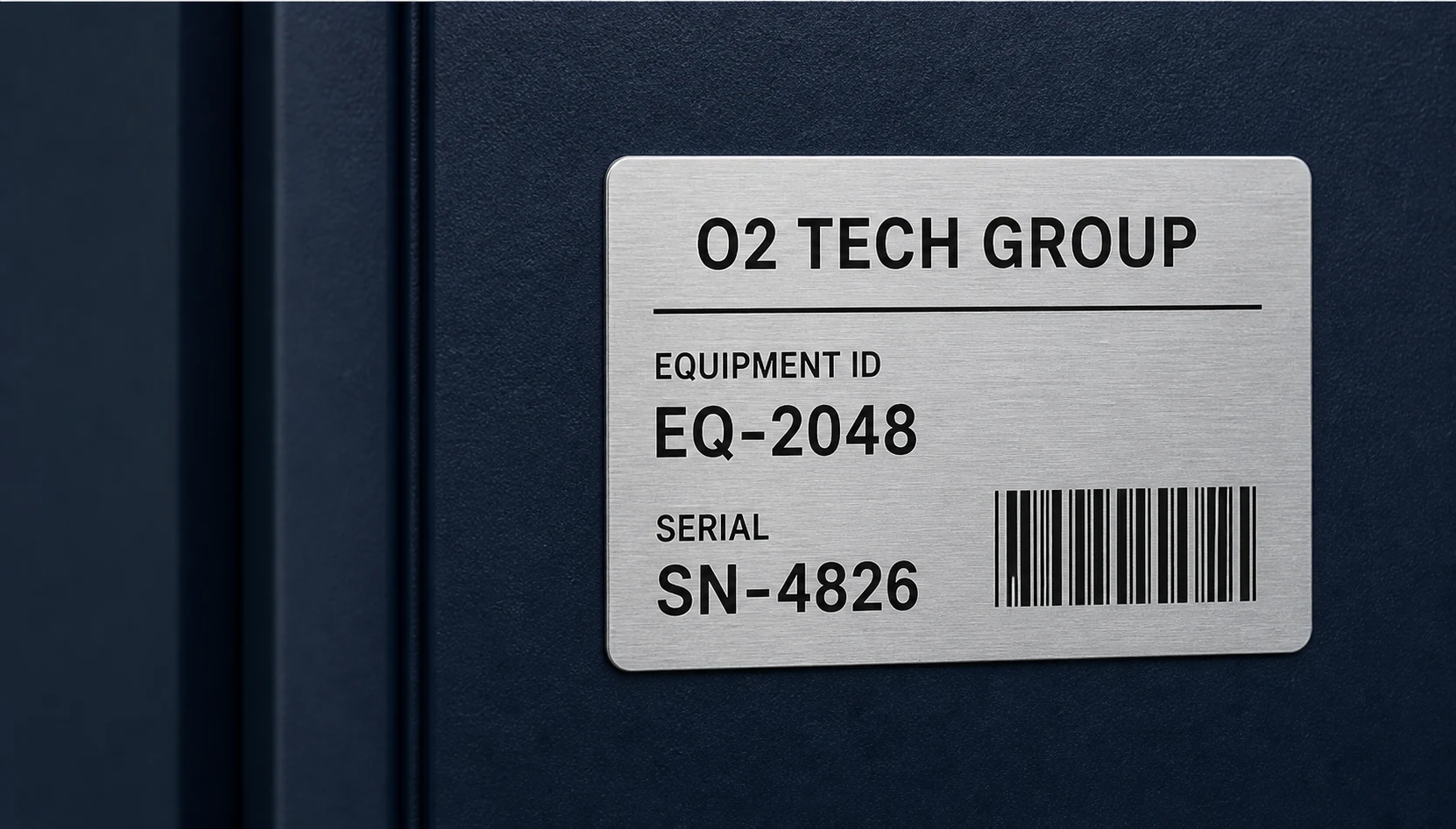 Flat adhesive-backed Metalphoto equipment label with no mounting holes