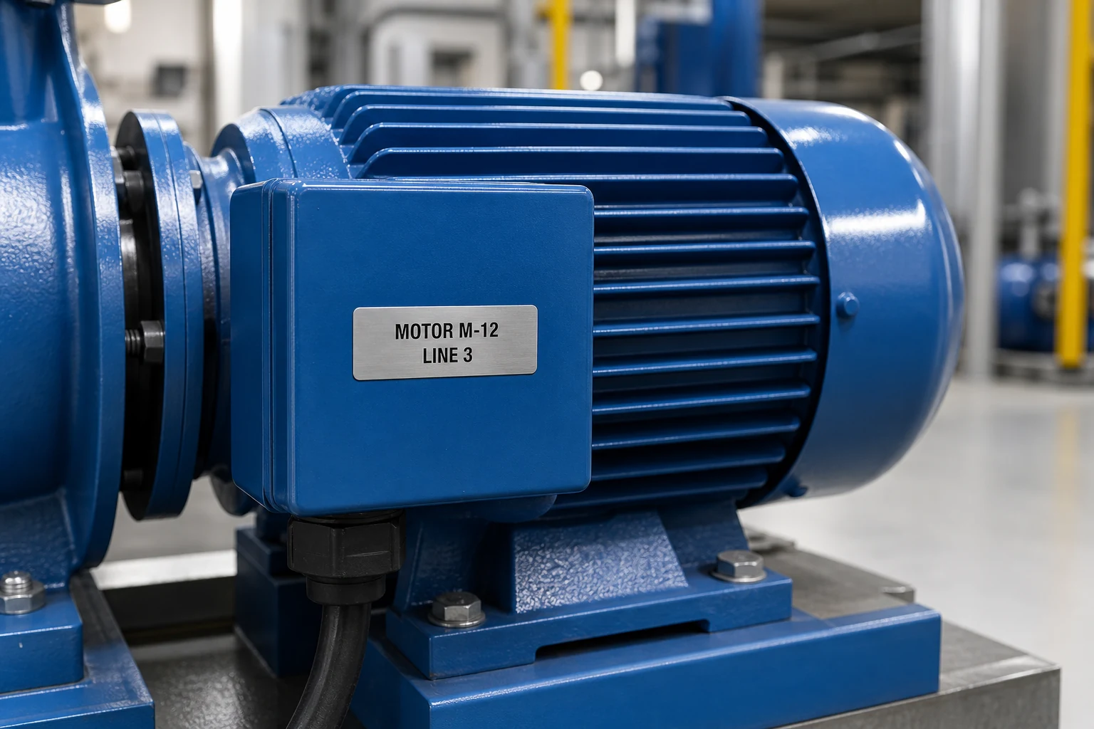 Equipment label bonded to an industrial electric motor