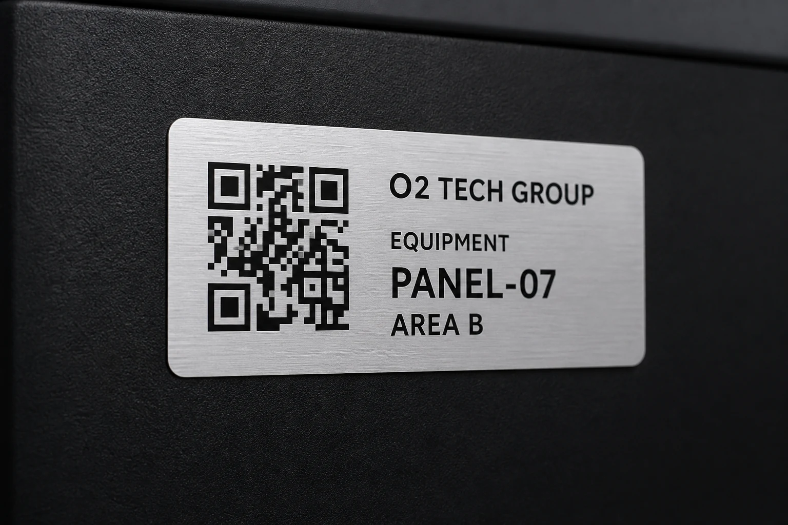 Adhesive Metalphoto equipment label with QR code and area data