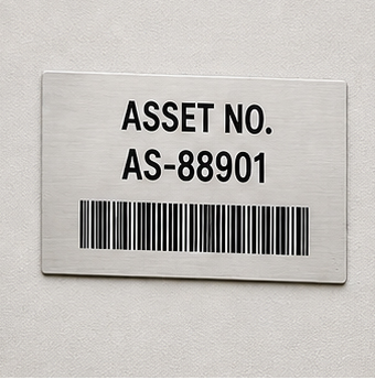 Adhesive-backed Metalphoto asset label without rivet holes