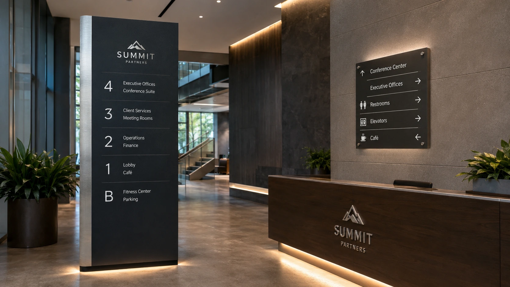 Premium corporate wayfinding and directional signage installation in a modern lobby